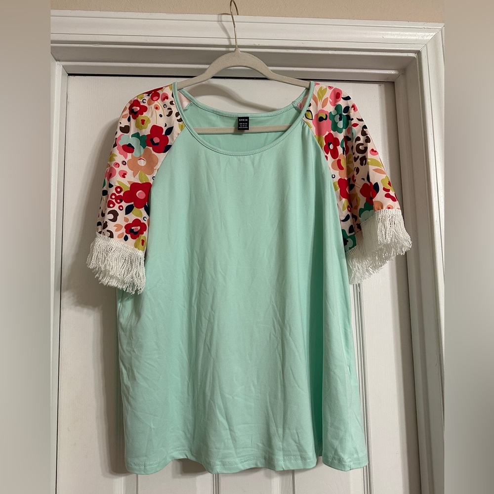 Mint Green Top with Floral Sleeves